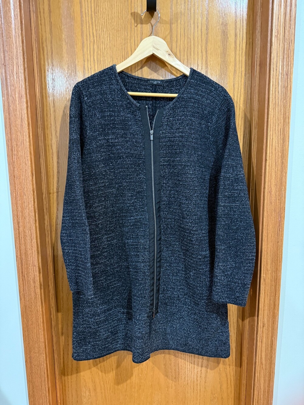 Talbots black marled knit zipper front cardigan jacket size PS